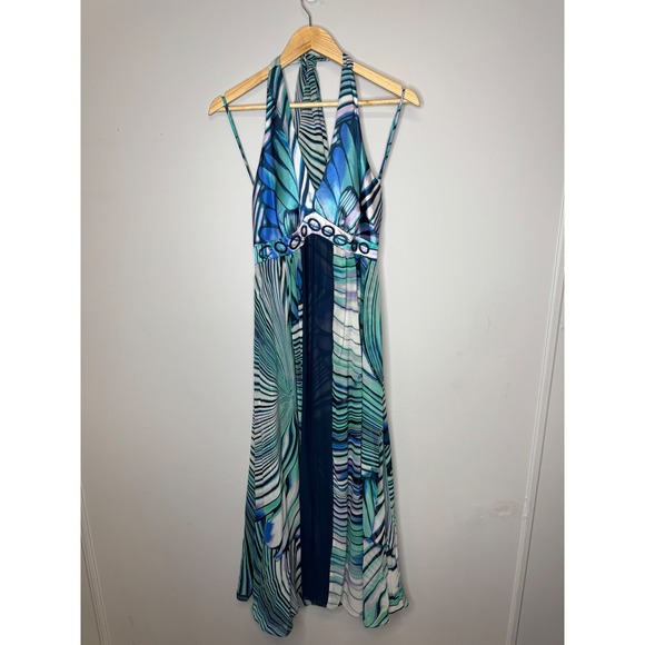 Bethany Dresses & Skirts - Y2K VTG Bethany Blue Teal Butterfly Print Halter Maxi Dress Ring Detail Size 10